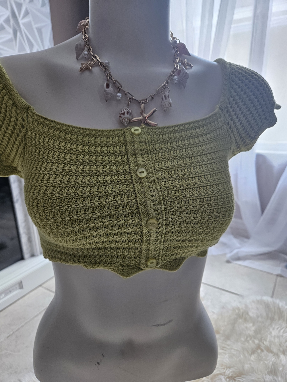 Zara Olive Green Crochet Crop Button-Front Top